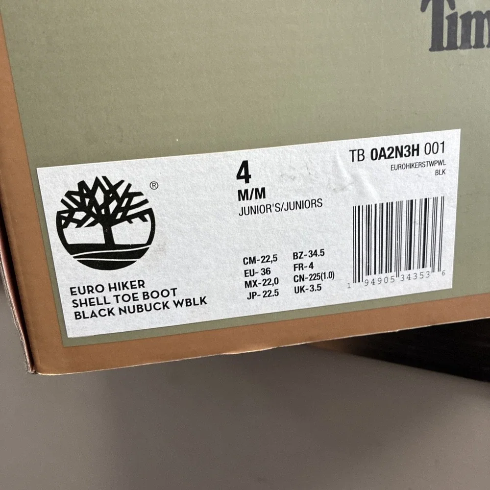 Timberland Kids' Euro Hiker Shell Toe Blackout TB0A2N3H001 SZ 4Y New DS OG Box
